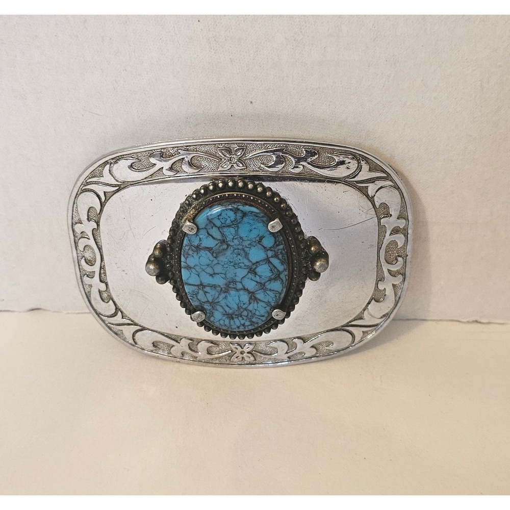 Vintage Western Belt Buckle Turquoise Engraved Scroll Oval 3.5"